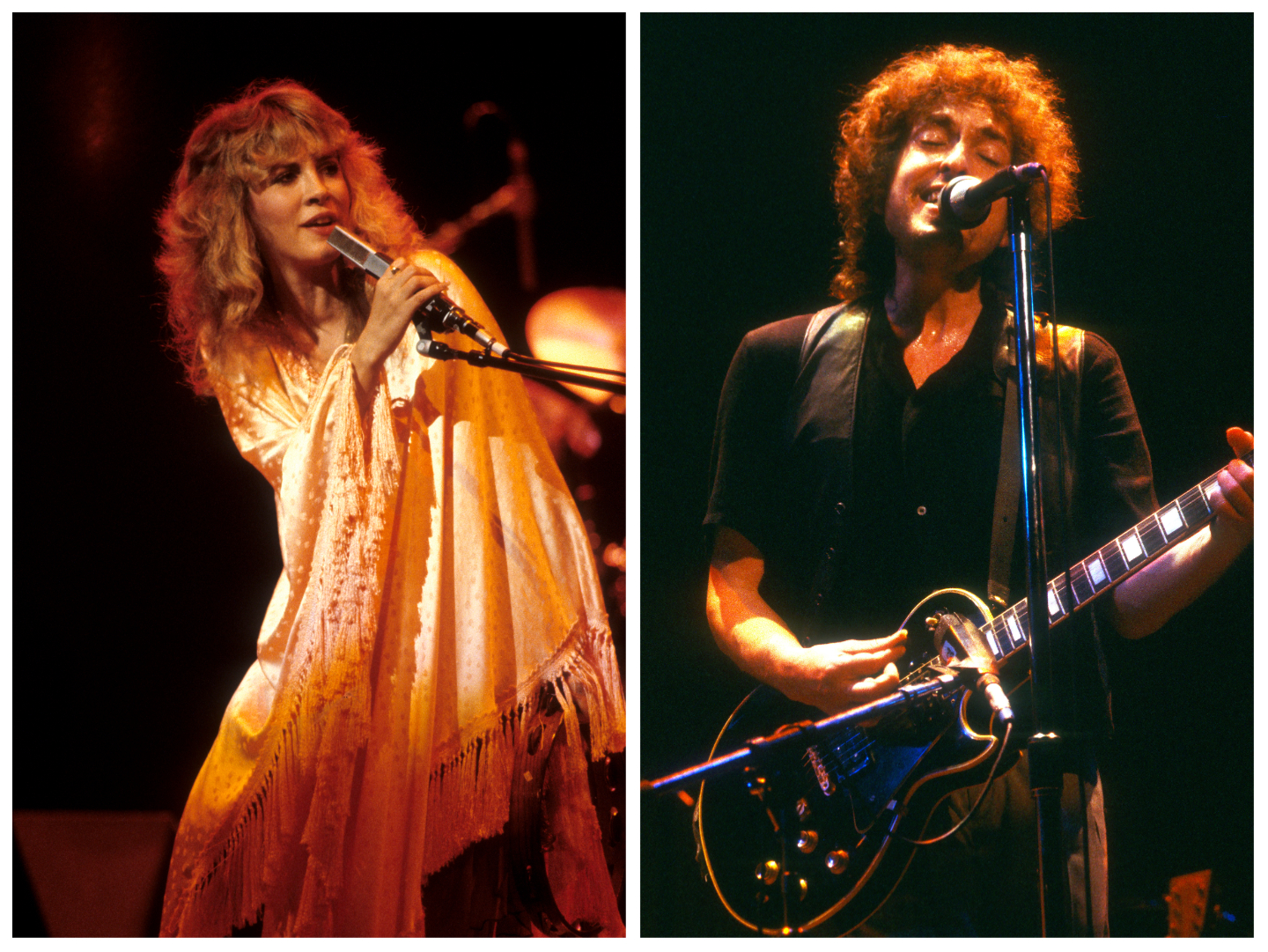 Stevie Nicks wears a shawl and sings into a microphone. Bob Dylan strums a guitar and sings into a microphone.