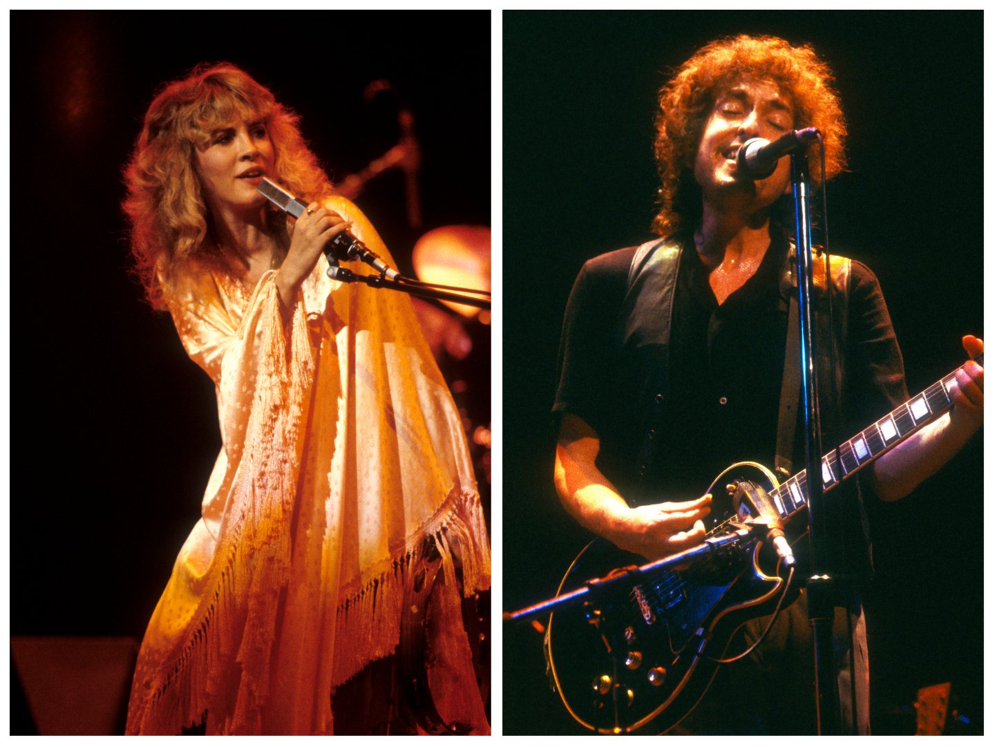 Stevie Nicks wears a shawl and sings into a microphone. Bob Dylan strums a guitar and sings into a microphone.