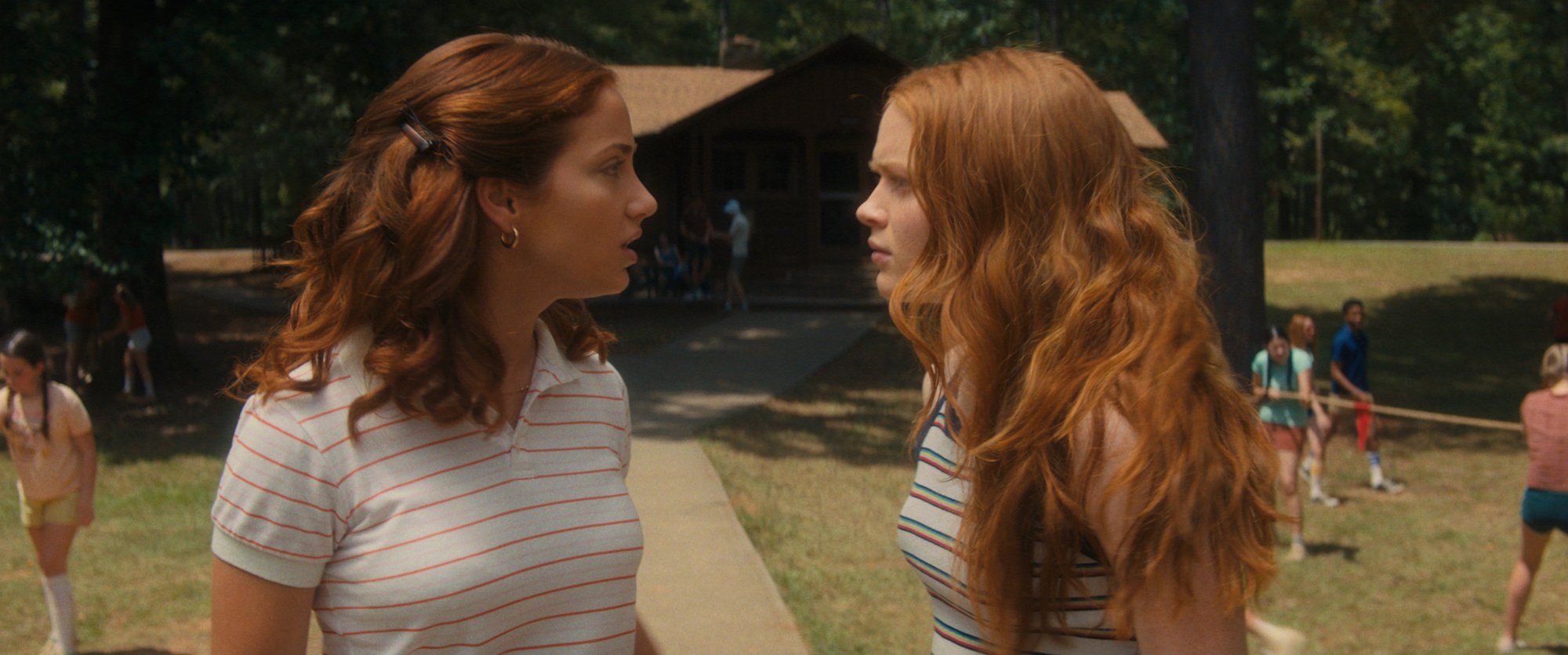 Emily Rudd and Sadie Sink in a production still from 'Fear Street Part Two: 1978,' an excellent choice for summer horror movies.