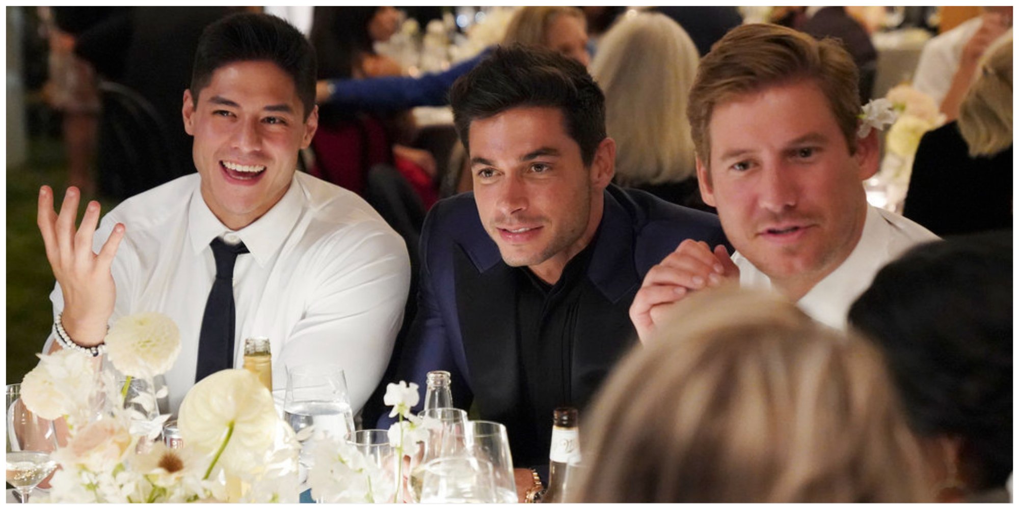 Alex Wach, Andrea Denver, Austen Kroll talk to someone at a table on 'Summer House' 