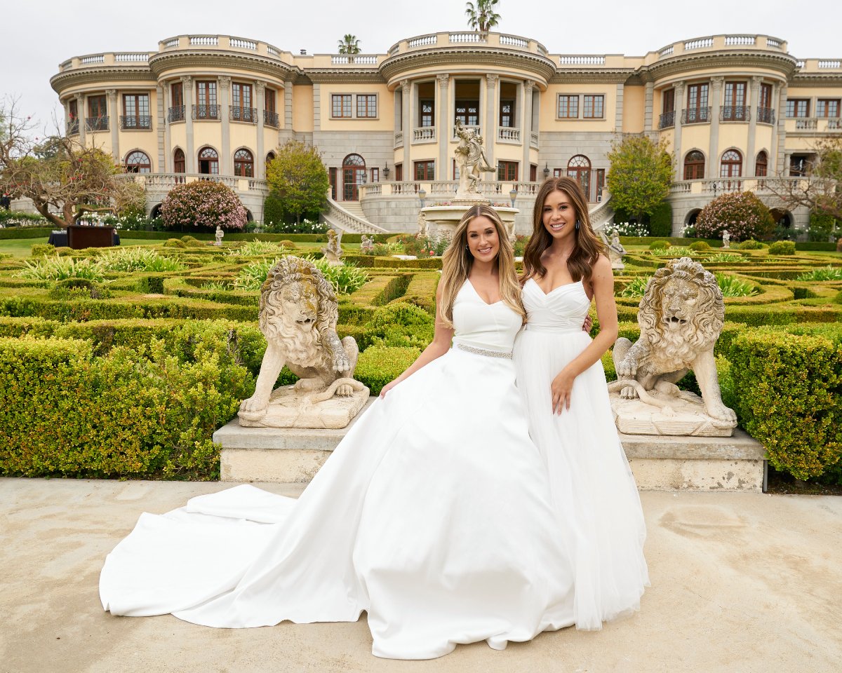 Rachel Recchia and Gabby Windey during the 2022 season of The Bachelorette. Rachel and Gabby wear wedding dresses.