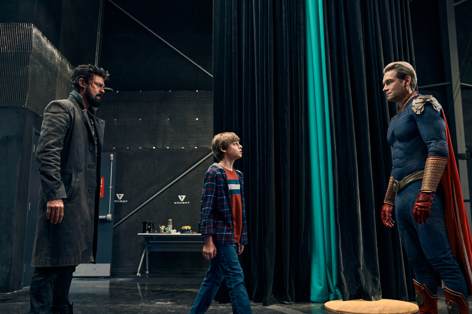 Karl Urban as Butcher, Cameron Crovetti as Ryan, and Anthony Starr as Homelander in The Boys season 3 finale