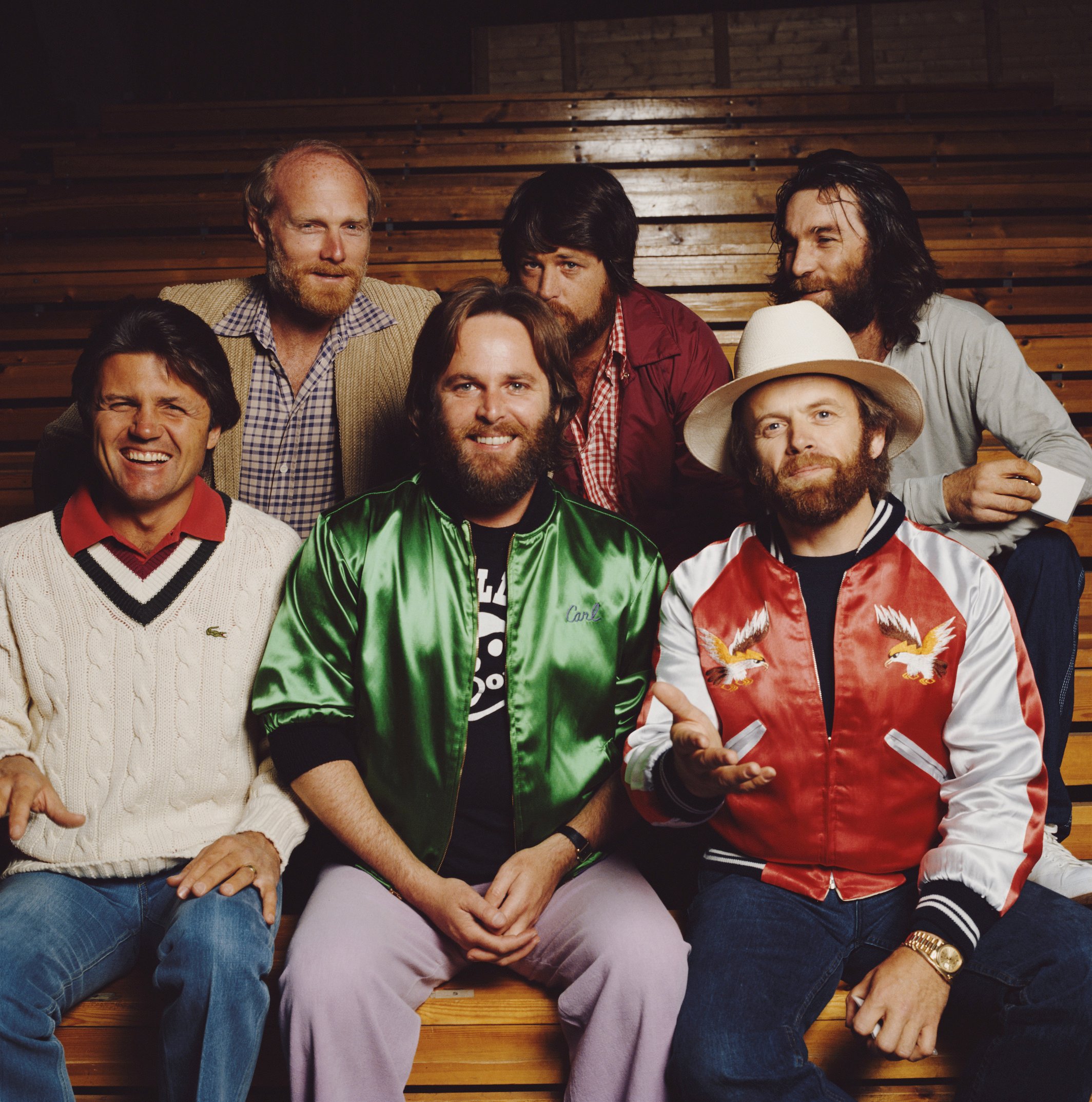 American rock and pop group The Beach Boys featuring members Mike Love, Brian Wilson, and Dennis Wilson, Bruce Johnston, Carl Wilson, and Al Jardine