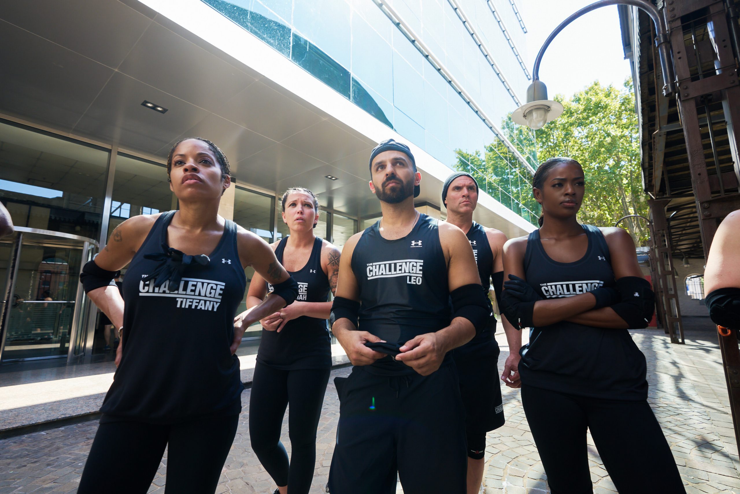 Tiffany Mitchell, Sarah Lacina, Ben Driebergen, Enzo Palumbo, and Justine Ndiba standing next to each other during 'The Challenge: USA'