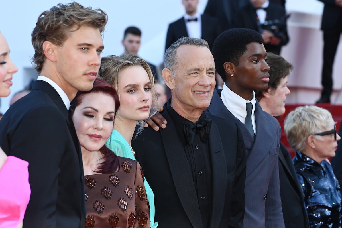 Natasha Bassett, Austin Butler, Priscilla Presley, Tom Hanks, and Alton Mason attend the screening of "Elvis" during the 75th annual Cannes Film Festival