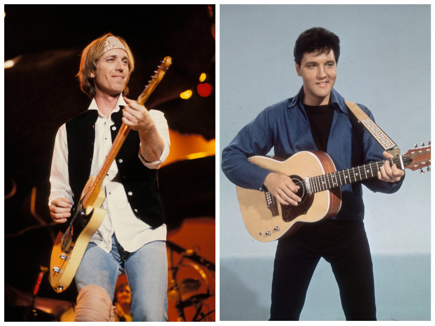 Tom Petty wears a bandana around his head and plays guitar and Elvis wears a blue shirt and plays guitar.