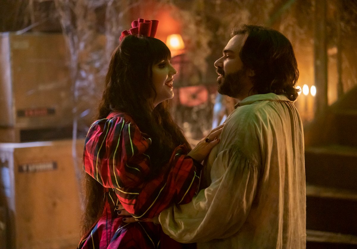 'What We Do in the Shadows' Season 4: Nadja (Natasia Demetriou) embraces Laszlo (Matt Berry) after getting branches out of her hair