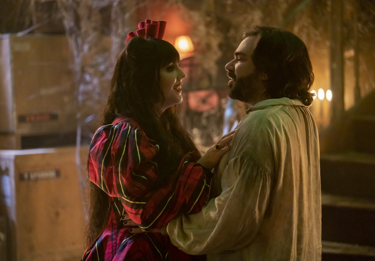 What We Do in the Shadows Season 4: Nadja (Natasia Demetriou) hugs Laszlo (Matt Berry) after pulling branches out of her hair