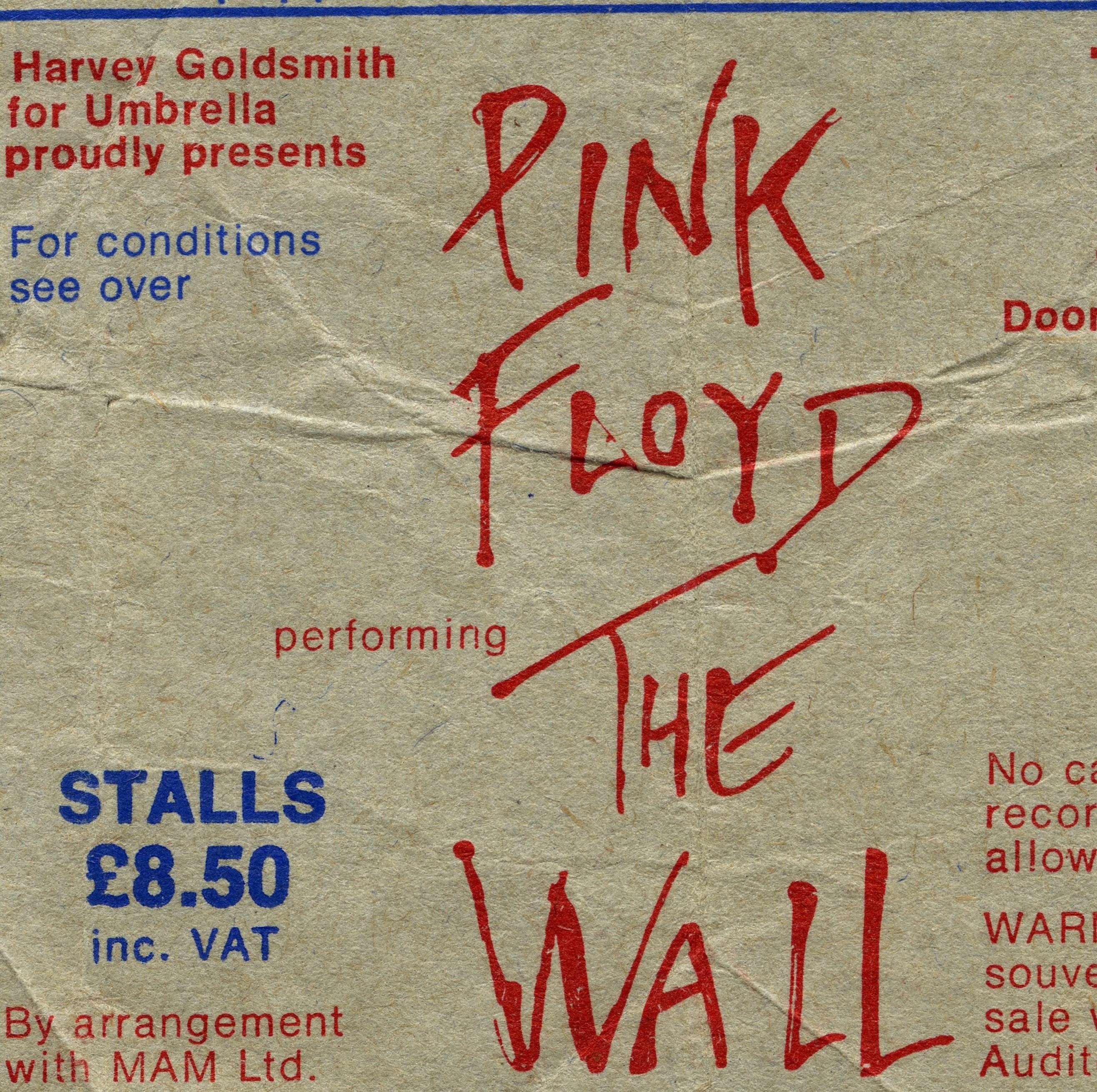 A ticket for Pink Floyd's 'The Wall' featuring the album's logo