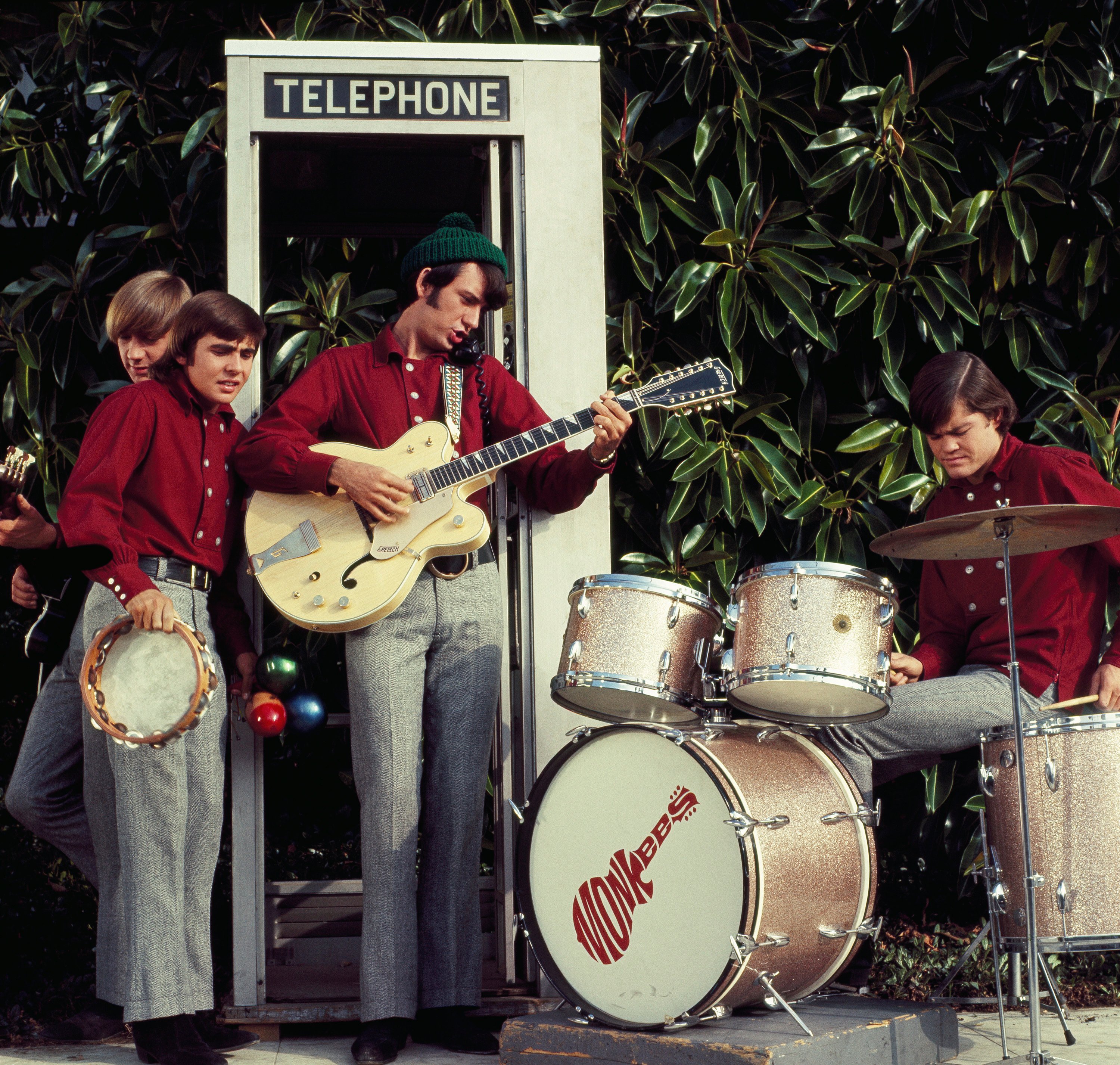 The Monkees' Peter Tork, Davy Jones, Mike Nesmith, and Micky Dolenz near plants
