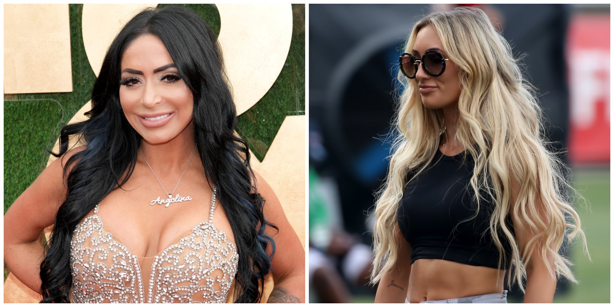 Angelina Pivarnick from 'Jersey Shore: Family Vacation' next to a photo of WWE wrestler Carmella, who she is feuding with on Twitter