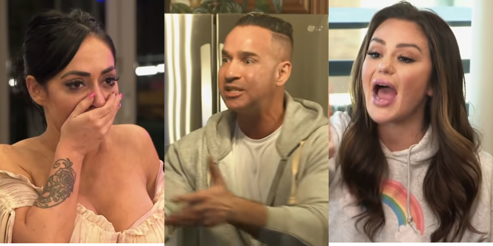 Angelina Pivarnick, Mike Sorrentino and Jenni Farley in seperate scenes from Jersey Shore: Family Vacation.