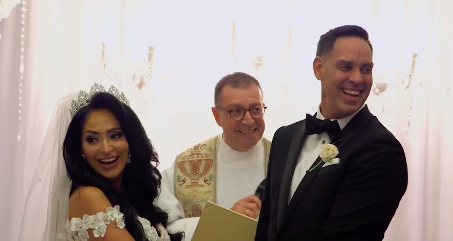 Angelina Pivarnick with the priest who married her, Father Joe, and Chris Larangeira in 'Jersey Shore: Family Vacation' Season 3