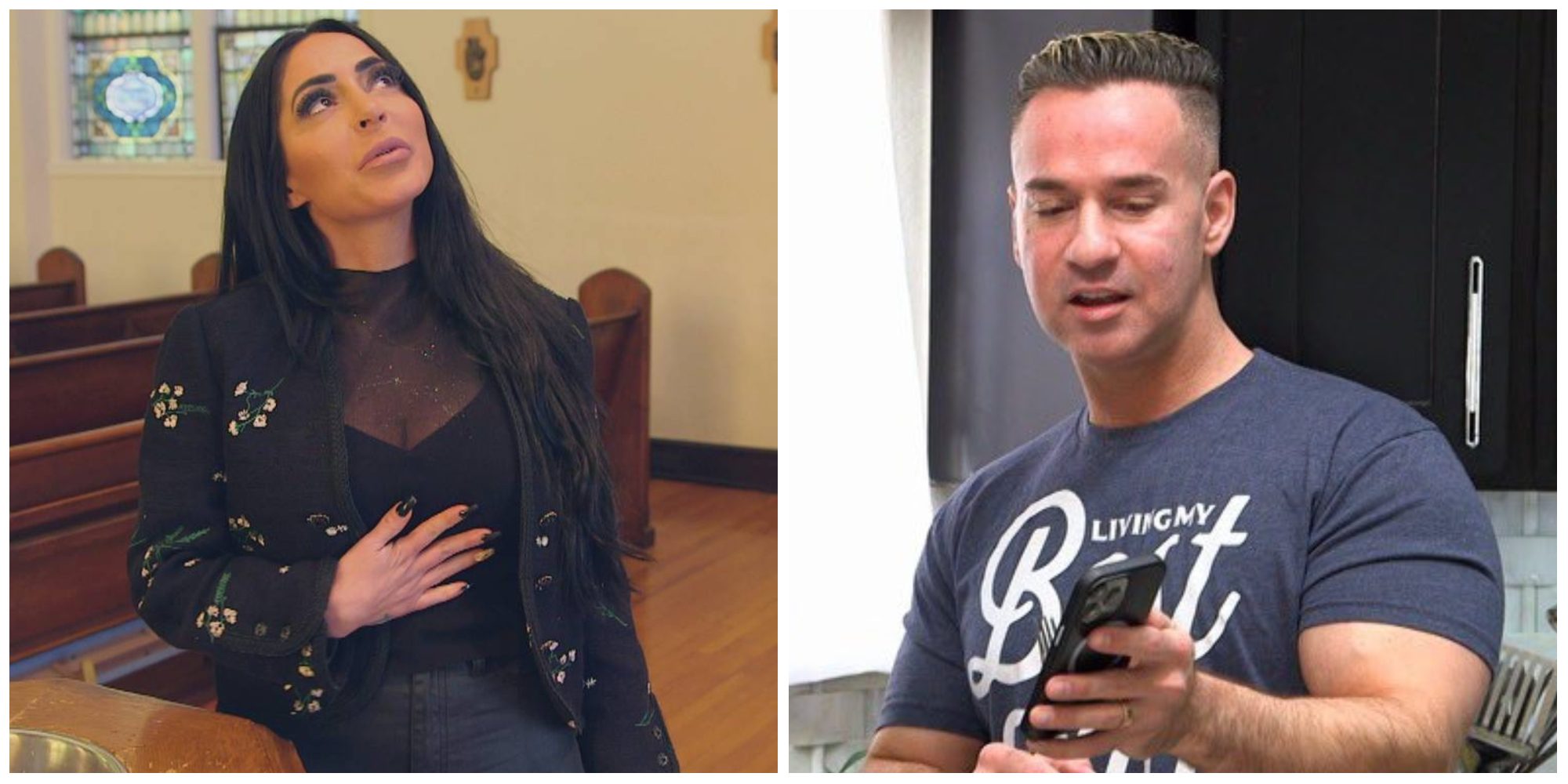 Angelina Pivarnick blesses herself in church; Mike 'The Situation' Sorrentino shows off something on his phone in 'Jersey Shore: Family Vacation' Season 5