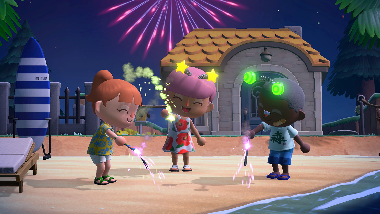 A fireworks show in Animal Crossing: New Horizons to represent the 4th of July