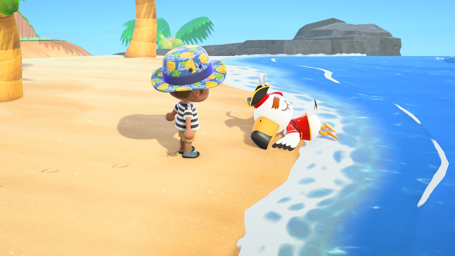 A villager looks at Gullivarr washed up on the beach in Animal Crossing: New Horizons in July