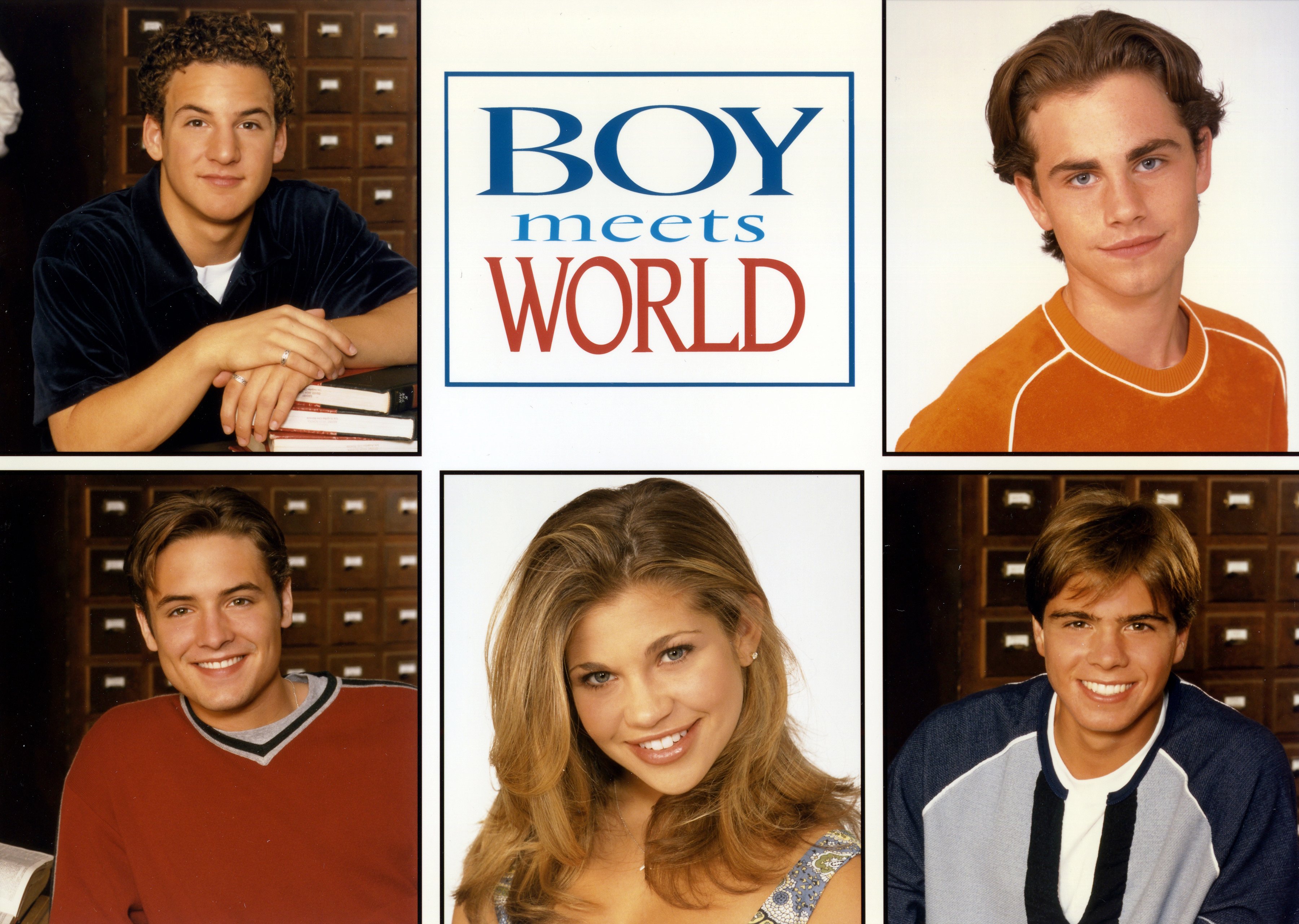 'Boy Meets World' logo with surrounding headshots of the cast including Ben Savage, Will Friedle, Danielle Fishel, Matthew Lawrence, and Rider Strong