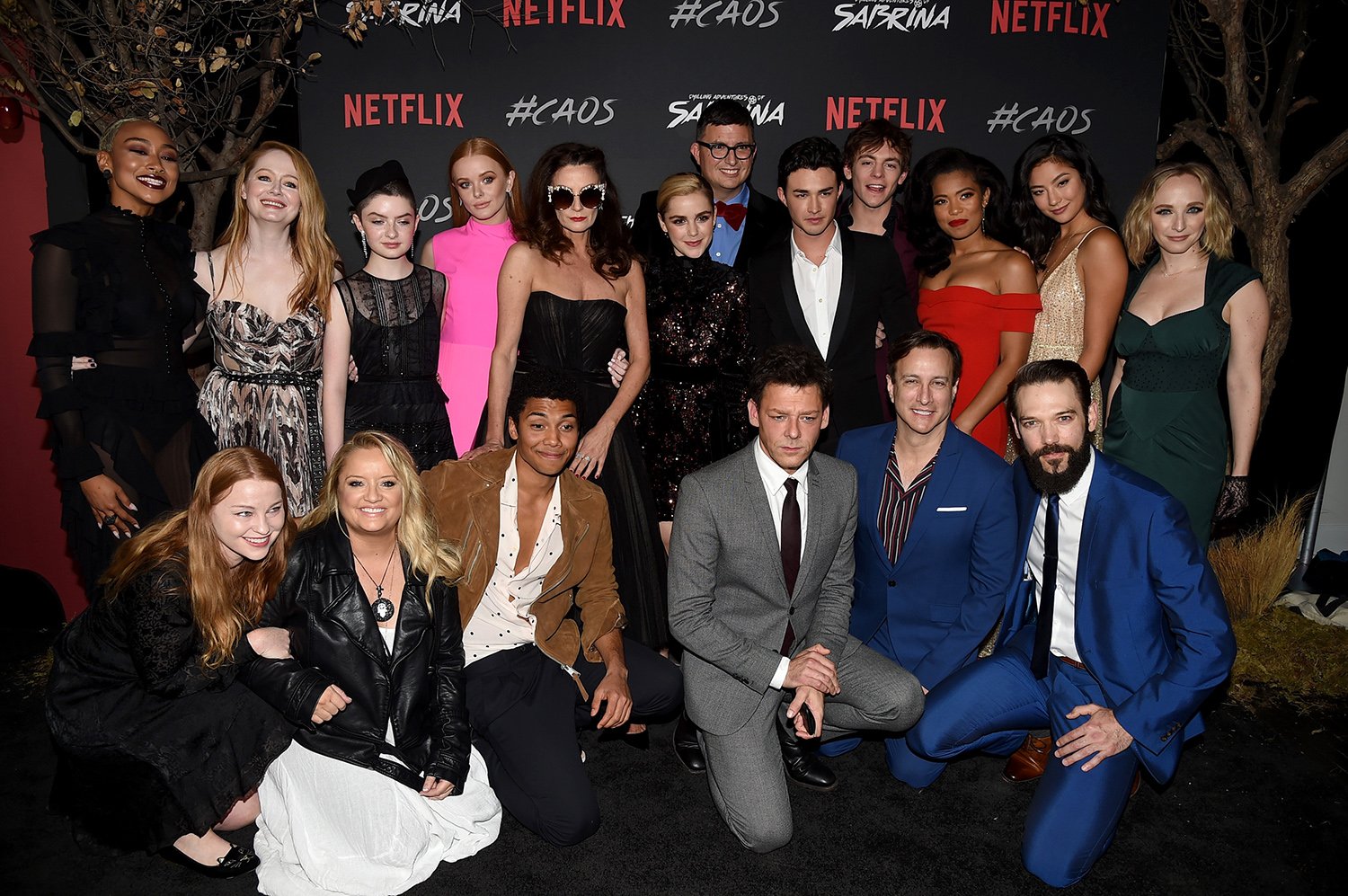Chilling Adventures of Sabrina stars (L-R, Back) Tati Gabrielle, Miranda Otto, Lachlan Watson, Abigail Cowen, Michelle Gomez, Kiernan Shipka, Roberto Aguirre-Sacasa, Gavin Leatherwood, Ross Lynch , Jaz Sinclair, Adeline Rudolph, Annette Reilly, (L-R front) Sarah Schechter, Lucy Davis, Chance Perdomo, Richard Coyle, Bronson Pinchot and Georgie Daburas