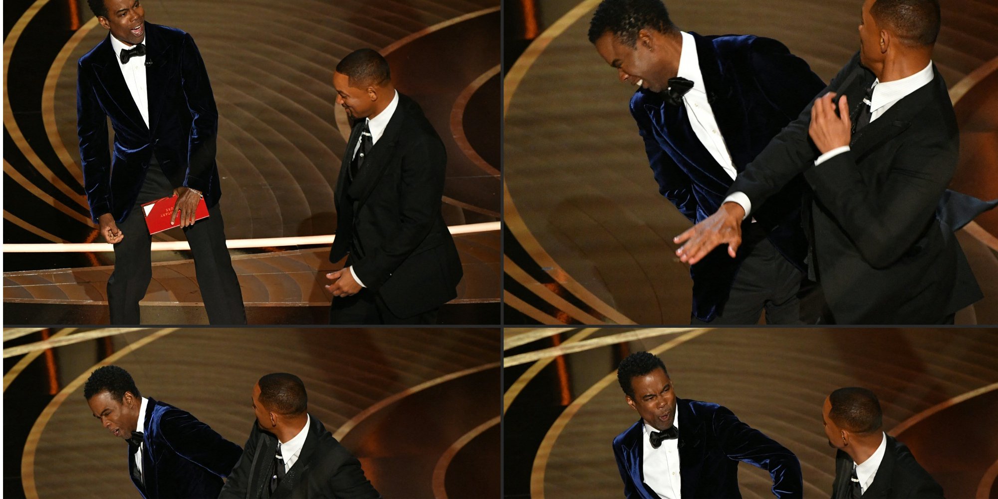 A montage of photos depicting when Will Smith slapped Chris Rock at the 2022 Oscars.
