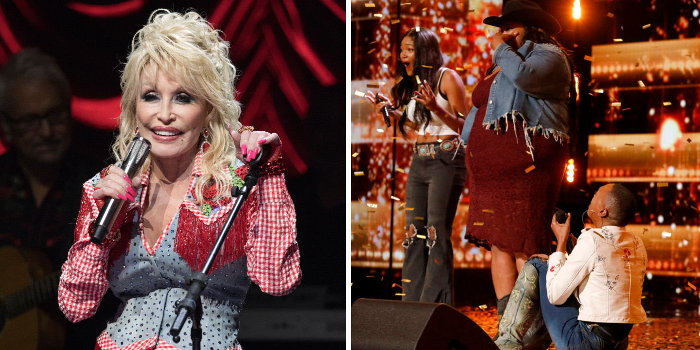 Left: Dolly Parton performing at the 2022 SXSW Conference And Festival, Right: Chapel Hart receives the Golden Buzzer on Americas Got Talent Season 17