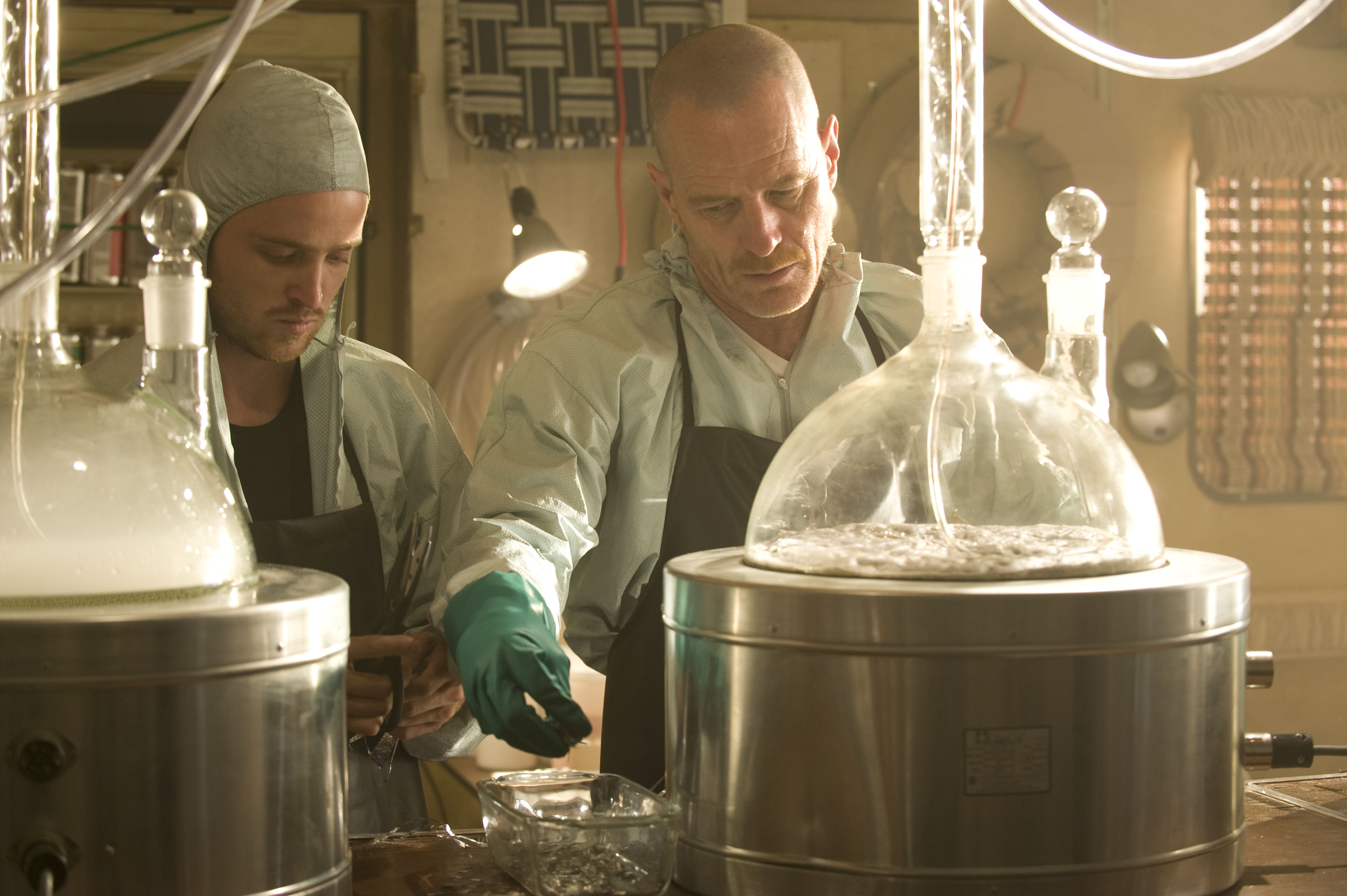 Jesse Pinkman (Aaron Paul) and Walter White (Bryan Cranston), who will cameo in 'Better Call Saul' Season 6, cooking meth in 'Breaking Bad' Season 2