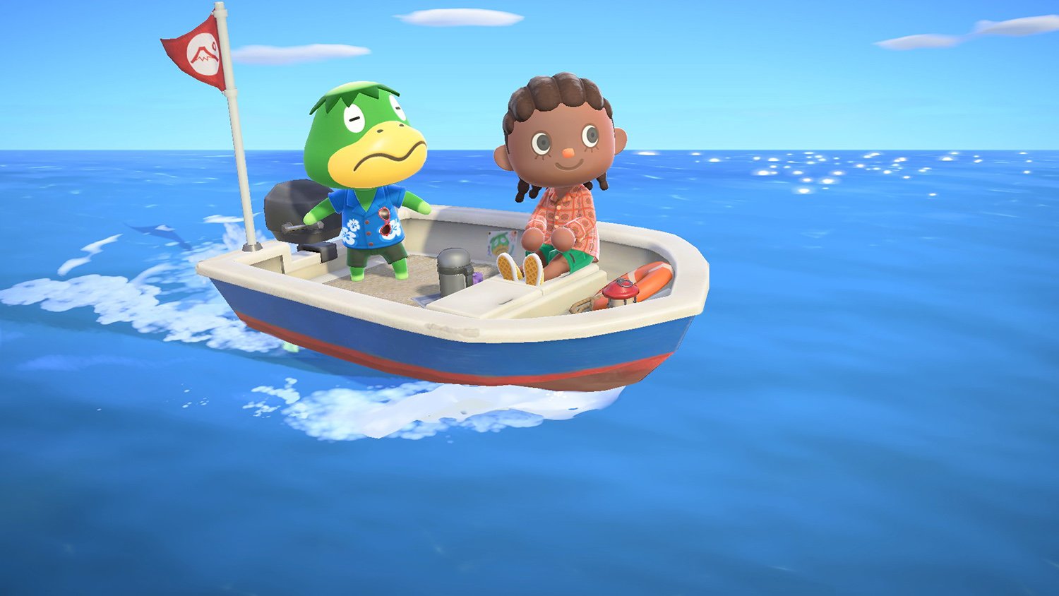 Kappn, a character based on Japanese folklore, and a villager ride a boat in Animal Crossing: New Horizons