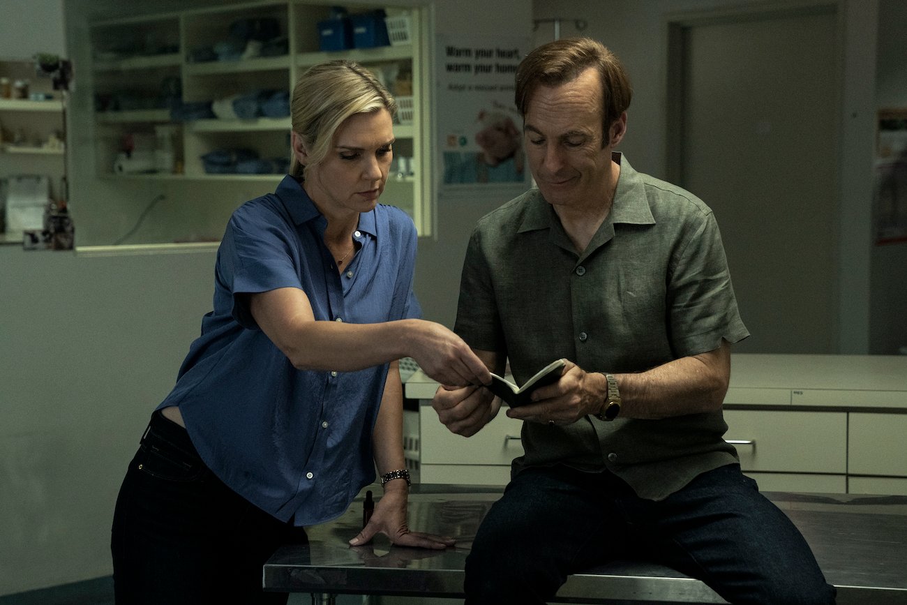 Kim (Rhea Seehorn) and Saul (Bob Odenkirk) peruse Caldera's little black book