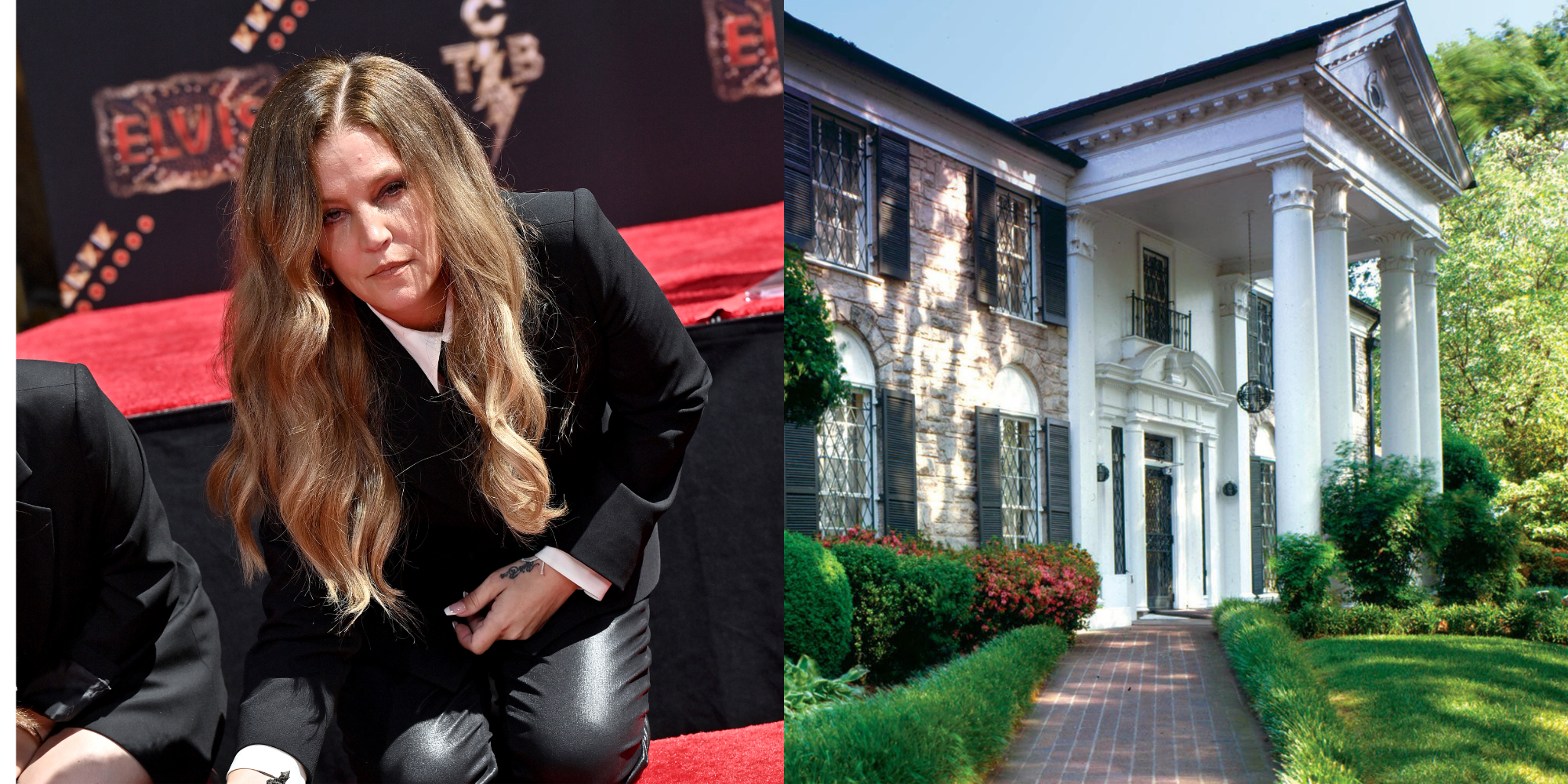 Lisa Marie Presley is pictured in a side by side photo next to her childhood home, Graceland.