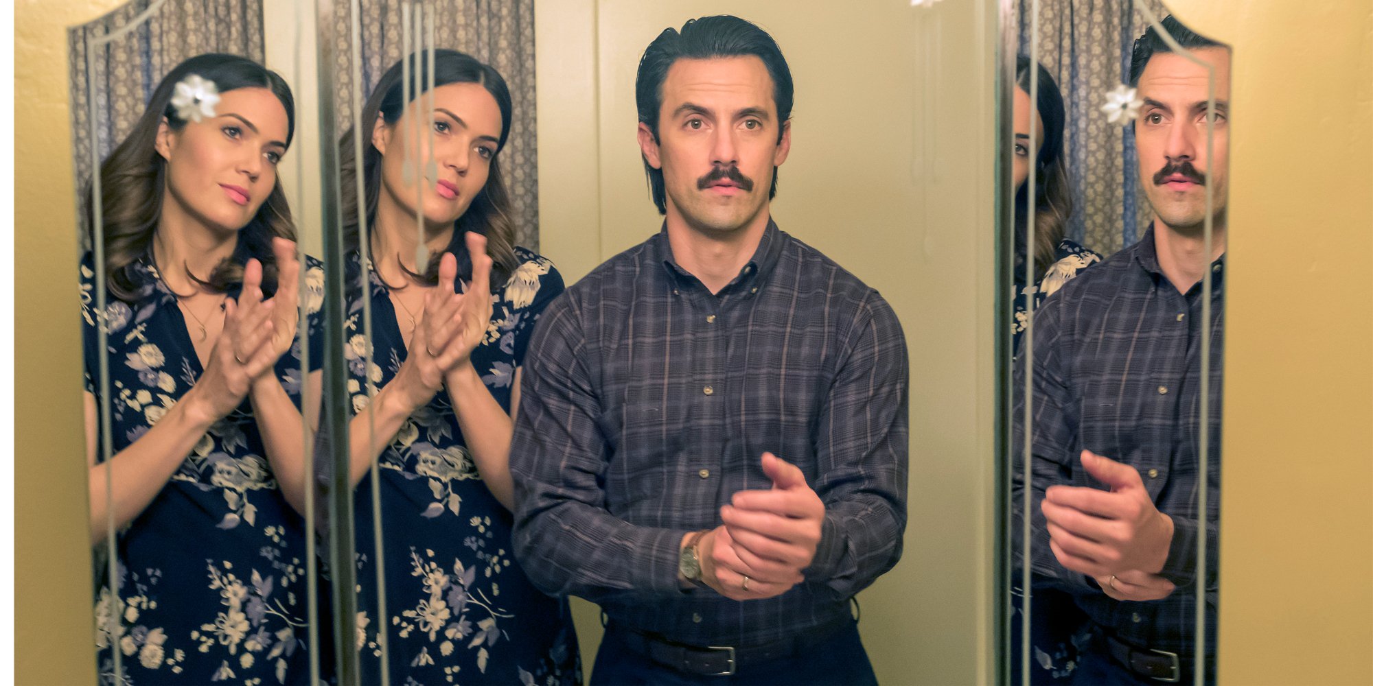 Mandy Moore and Milo Ventimiglia on the set of "This Is Us."