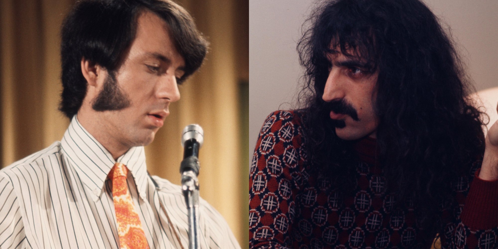 Mike Nesmith and Frank Zappa in two side-by-side photographs.