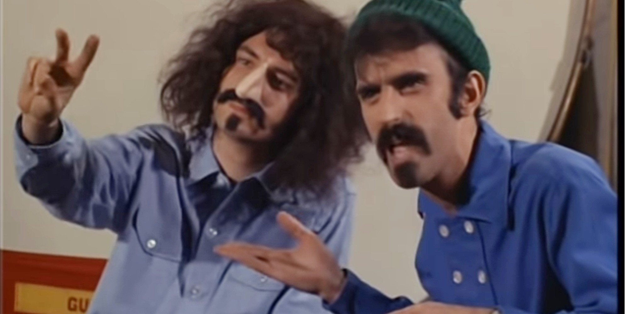 Mike Nesmith and Frank Zappa on the set of 'The Monkees' television series in 1968.