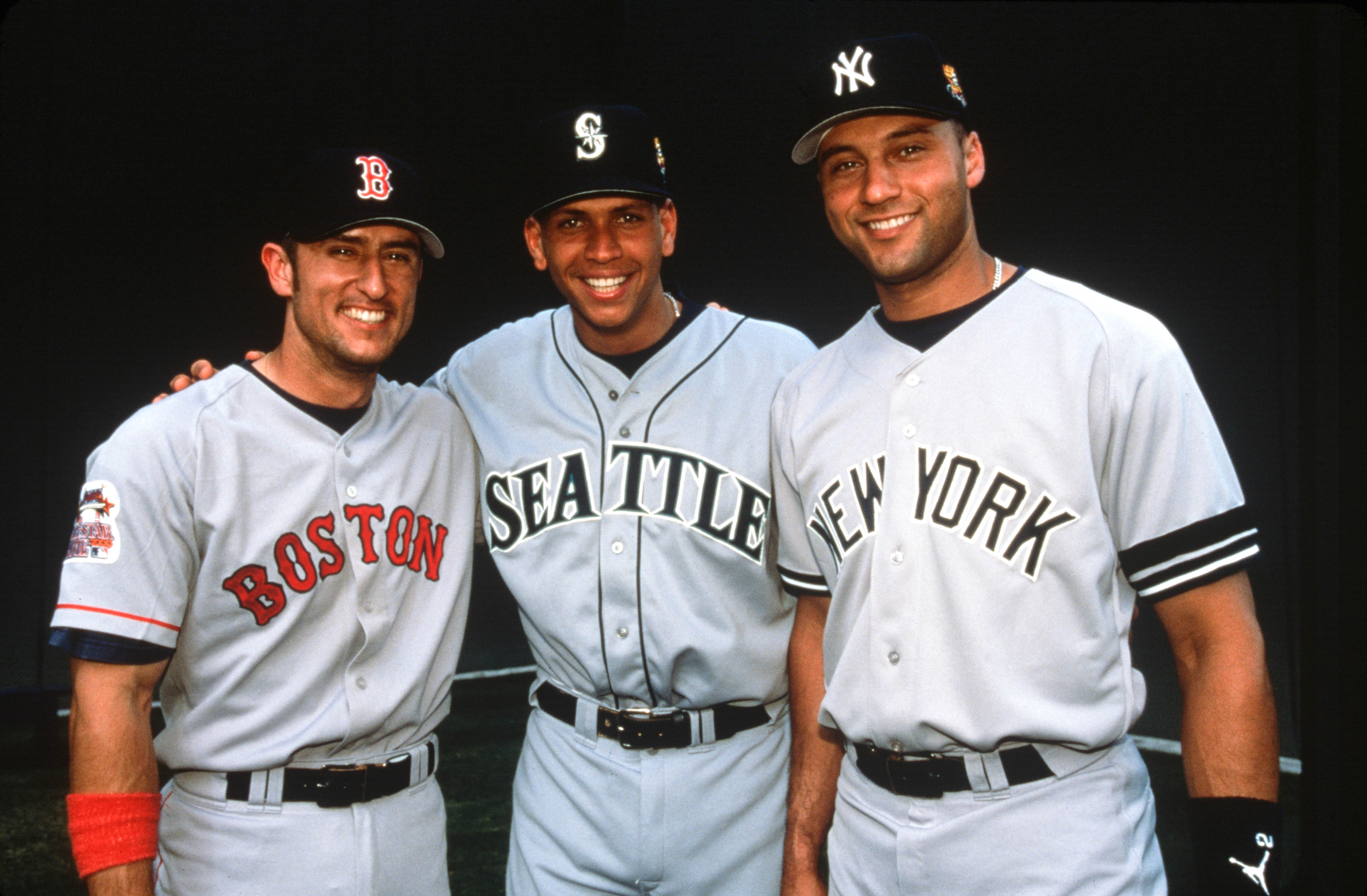 Nomar Garciaparra, Alex Rodriguez and Derek Jeter pose for a photo before the 71st MLB All-Star Game at Turner Field on Tuesday, July 11, 2000