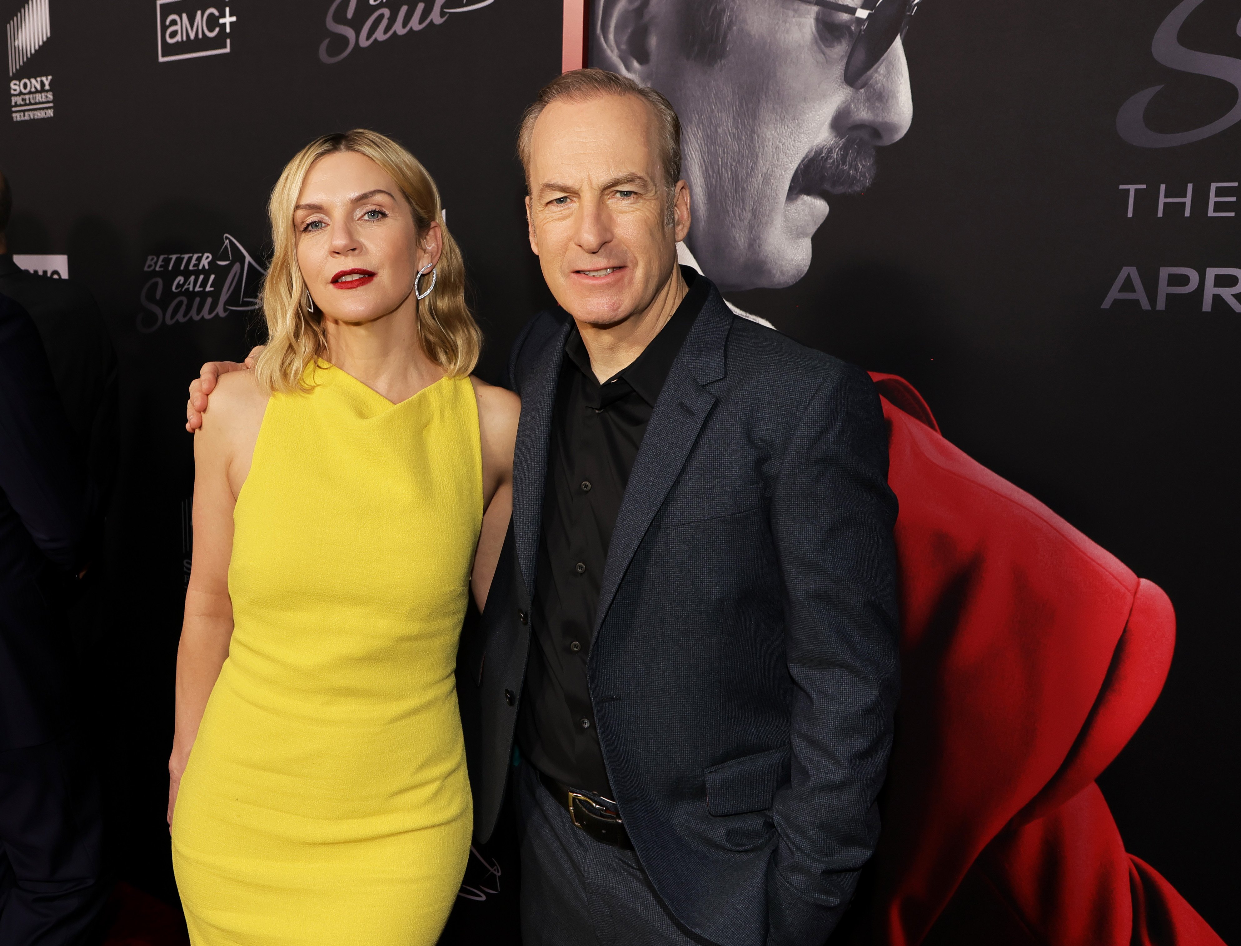 Rhea Seehorn and Bob Odenkirk pose together at the 'Better Call Saul' Season 6 premiere