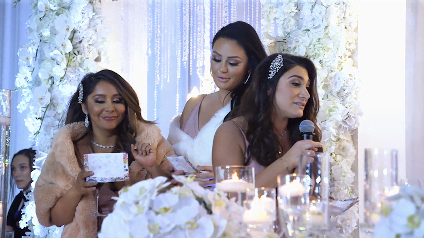 Nicole 'Snooki' Polizzi, Jenni 'JWoww' Farley, and Deena Cortese giving their speech at Angelina Pivarnick's 2019 wedding