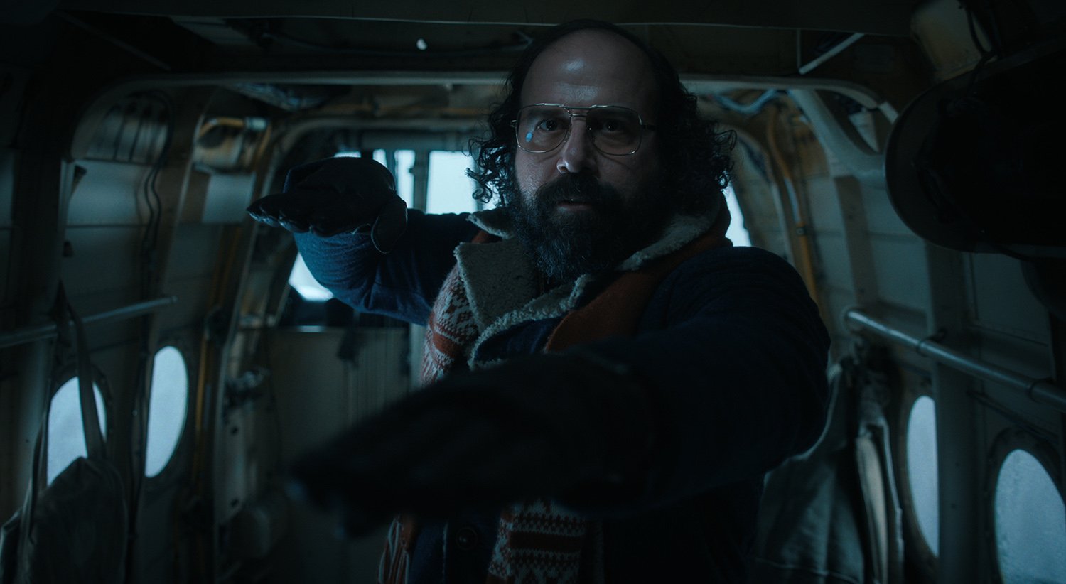 Brett Gelman performs a karate move as Murray Bauman in Stranger Things Season 4.