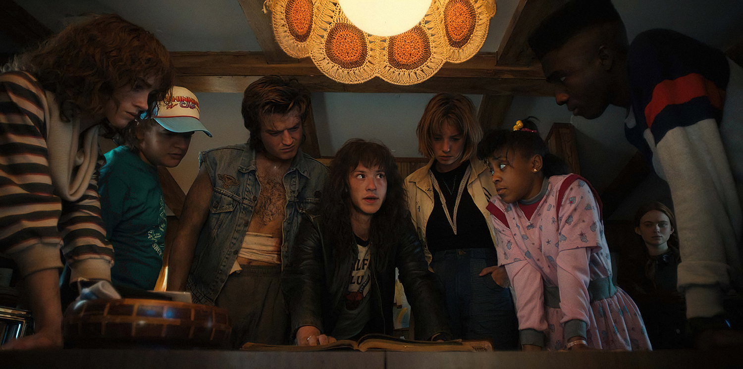 Natalia Dyer as Nancy Wheeler, Gaten Matarazzo as Dustin Henderson, Joe Keery as Steve Harrington, Joseph Quinn as Eddie Munson, Maya Hawke as Robin Buckley, Priah Ferguson as Erica Sinclair, Sadie Sink as Max Mayfield, and Caleb McLaughlin as Lucas Sinclair in Stranger Things Season 4, which created a lot of questions for the new season.