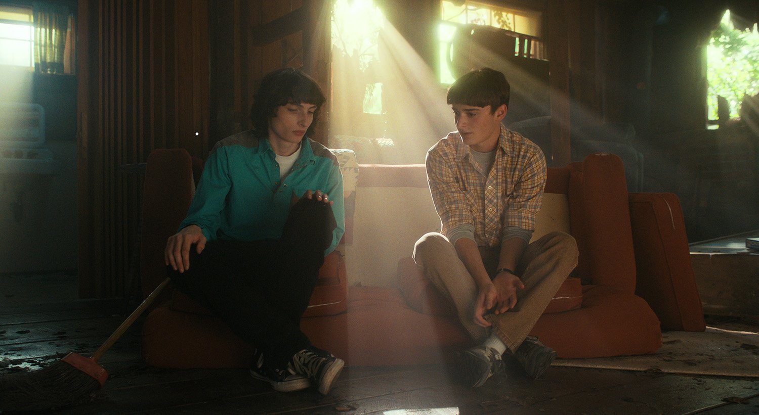Finn Wolfhard as Mike Wheeler and Noah Schnapp as Will Byers, collectively known as Byler, in Stranger Things Season 4.