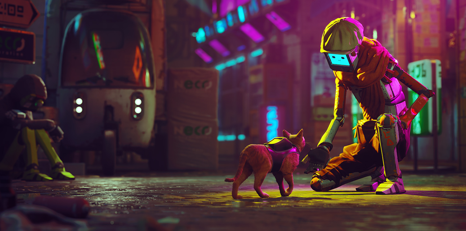 The cat protagonist and a robot friend in Stray game, representing an article about how long it takes to complete the game