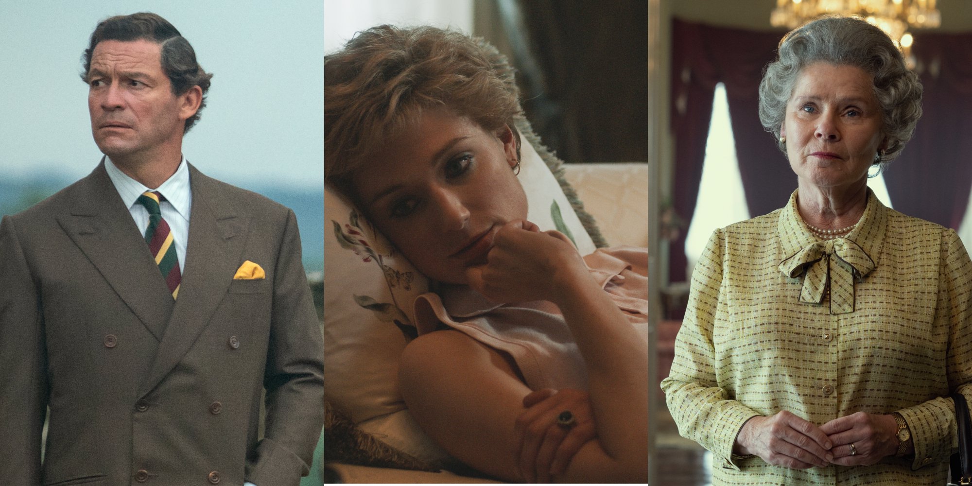 Scene stills from 'The Crown' season 5 include Dominic West, Elizabeth Debicki and Imelda Staunton as members of the royal famly.