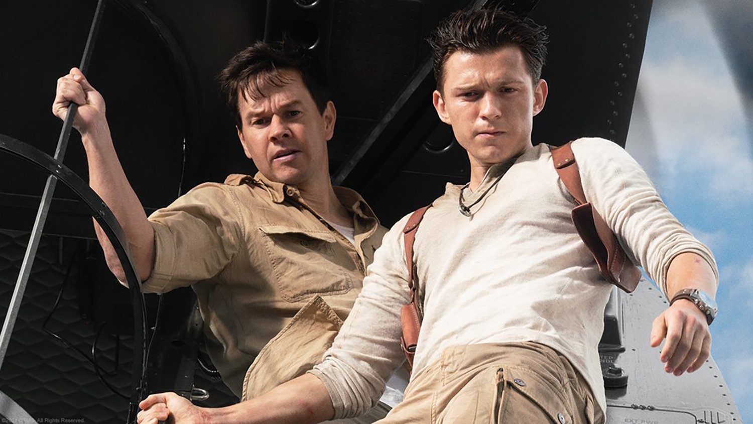 Mark Wahlberg as Victor Sullivan and Tom Holland as Nathan Drake in the Uncharted movie