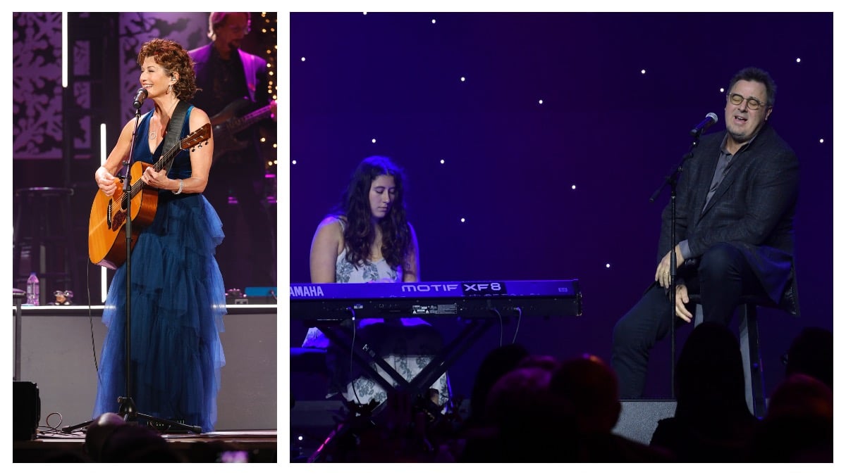 (L) Amy Grant performing in 2021 (R) Vince Gill and daughter Corrina Gill performing in 2020