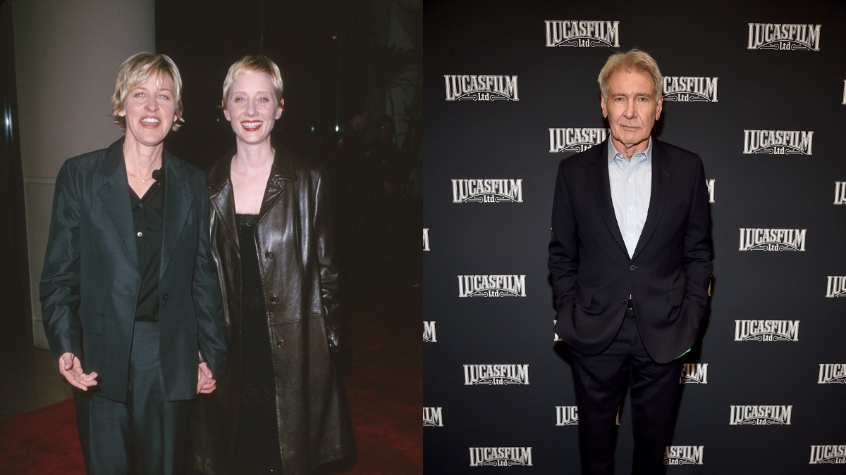 (L) Ellen DeGeneres and Anne Heche in 2000 (R) Harrison Ford in 2022