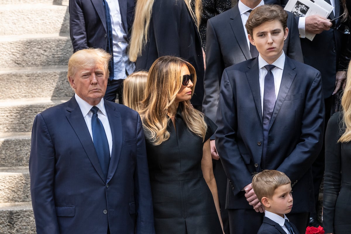 Donald Trump, Melania Trump, and Barron Trump attend the funeral of Ivana Trump