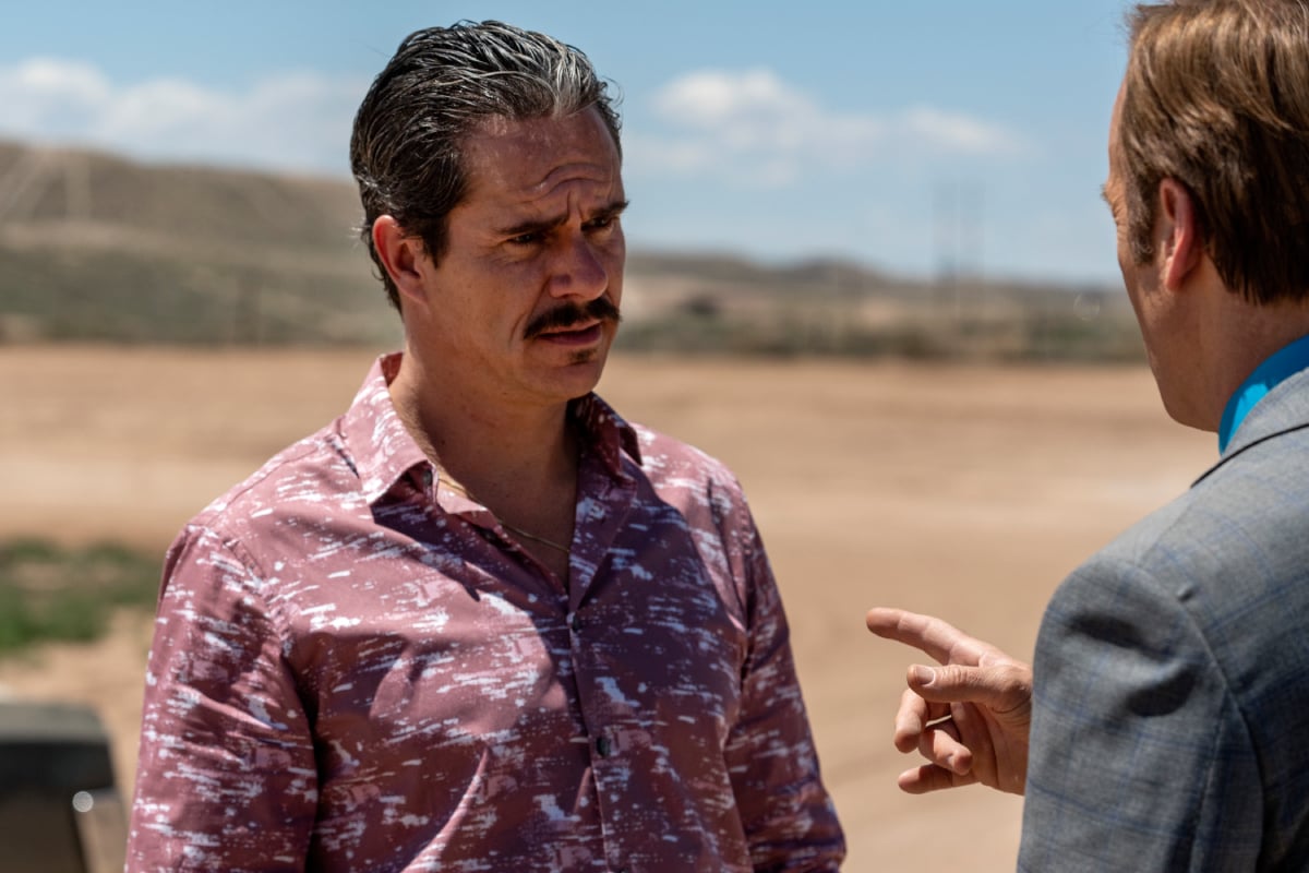 Saul Goodman and Lalo Salamanca in Better Call Saul Season 5. Lalo talks to Saul in the desert. 