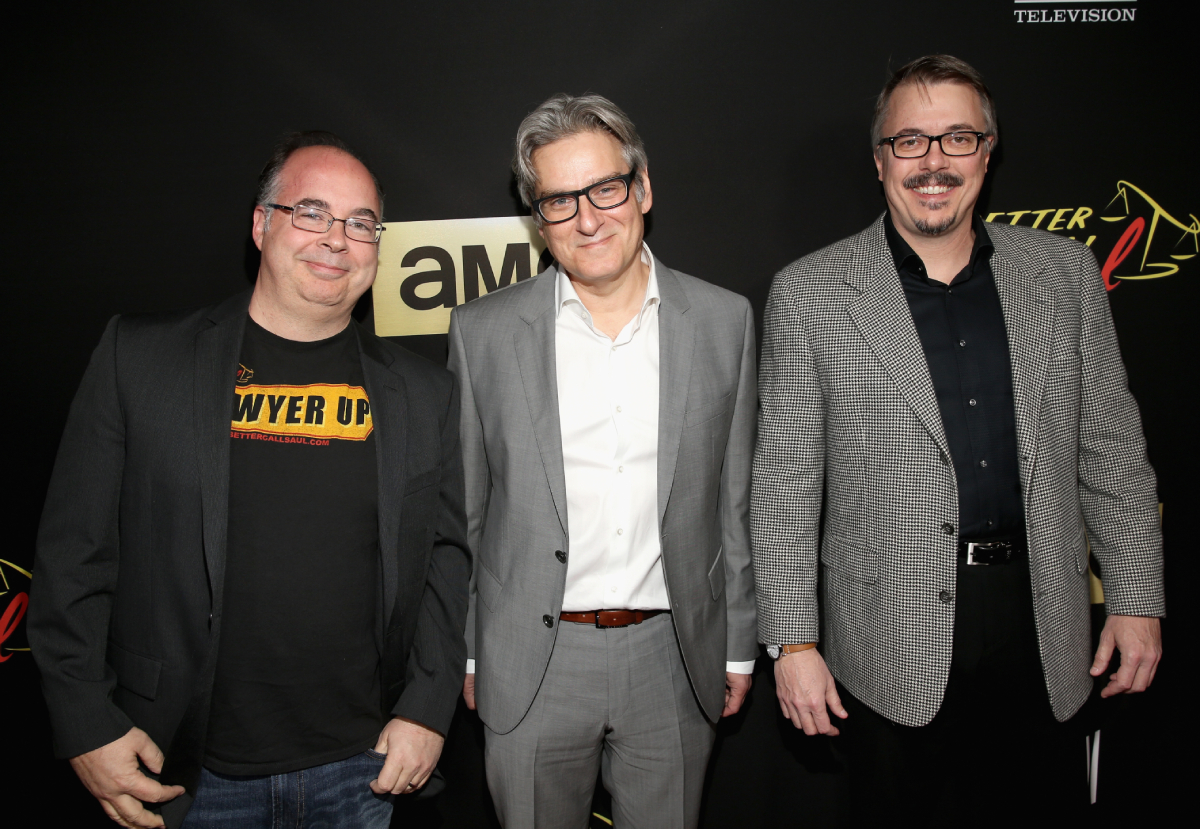 Thomas Schnauz, Peter Gould and Vince Gilligan attend Better Call Saul Season 2. Schnauz wears a 'lawyer up' shirt.
