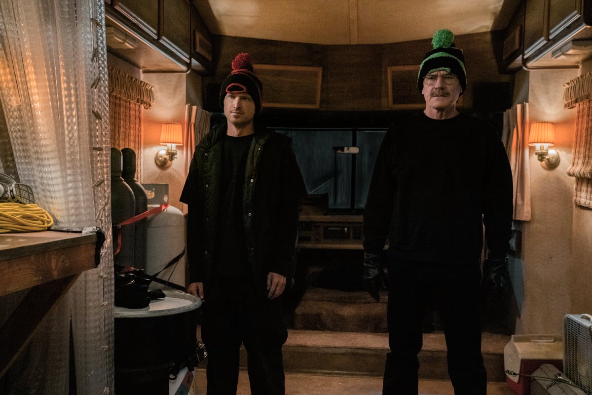 Bryan Cranston will appear in the Better Call Saul series finale. Walt and Jesse stand in the RV with ski masks on their heads.