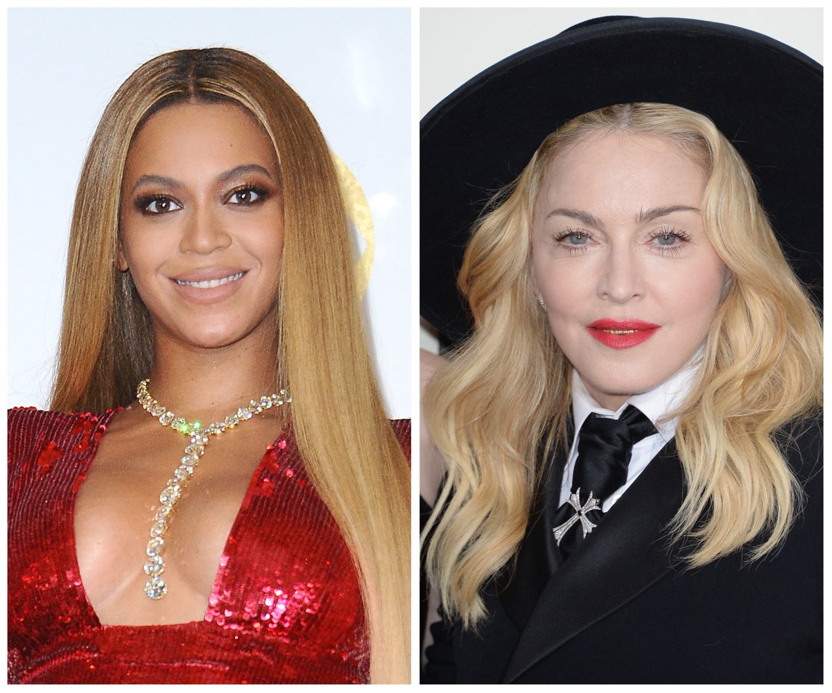 Side by side photos of Beyonce and Madonna, who collaborated on the "Break My Soul" remix and have comparable net worths.