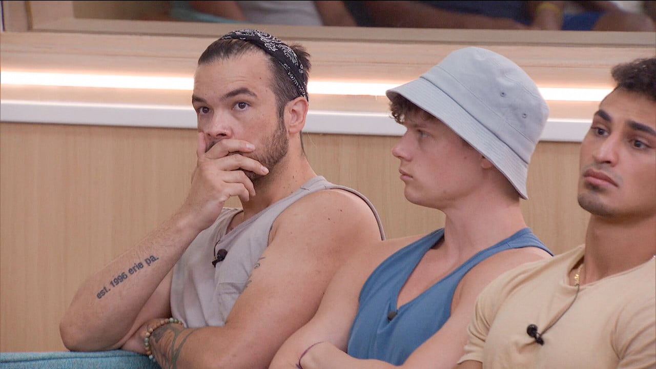 Daniel Durston, Kyle Capener and Joseph Abdin sit next to each other for an eviction ceremony on 'Big Brother 24'.