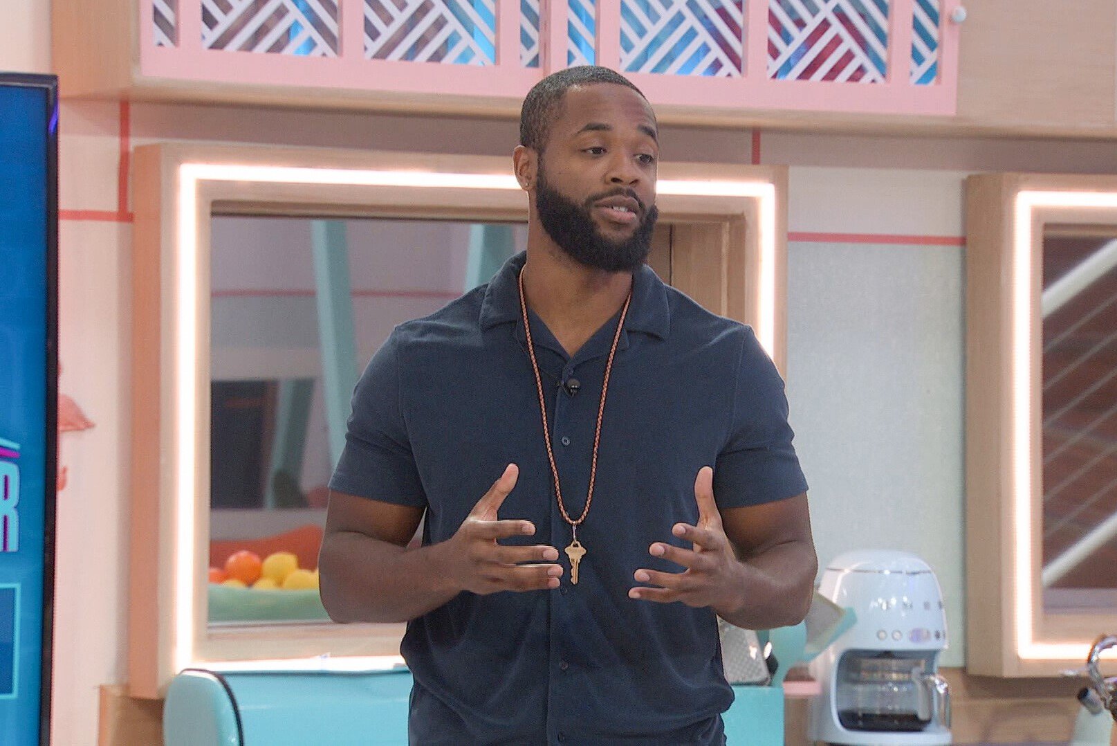 According to 'Big Brother 24' spoilers, Monte Taylor won Head of Household and nominated Alyssa Snider and Indy Santos for eviction. Monte wears a dark blue shirt and the HOH key around his neck.