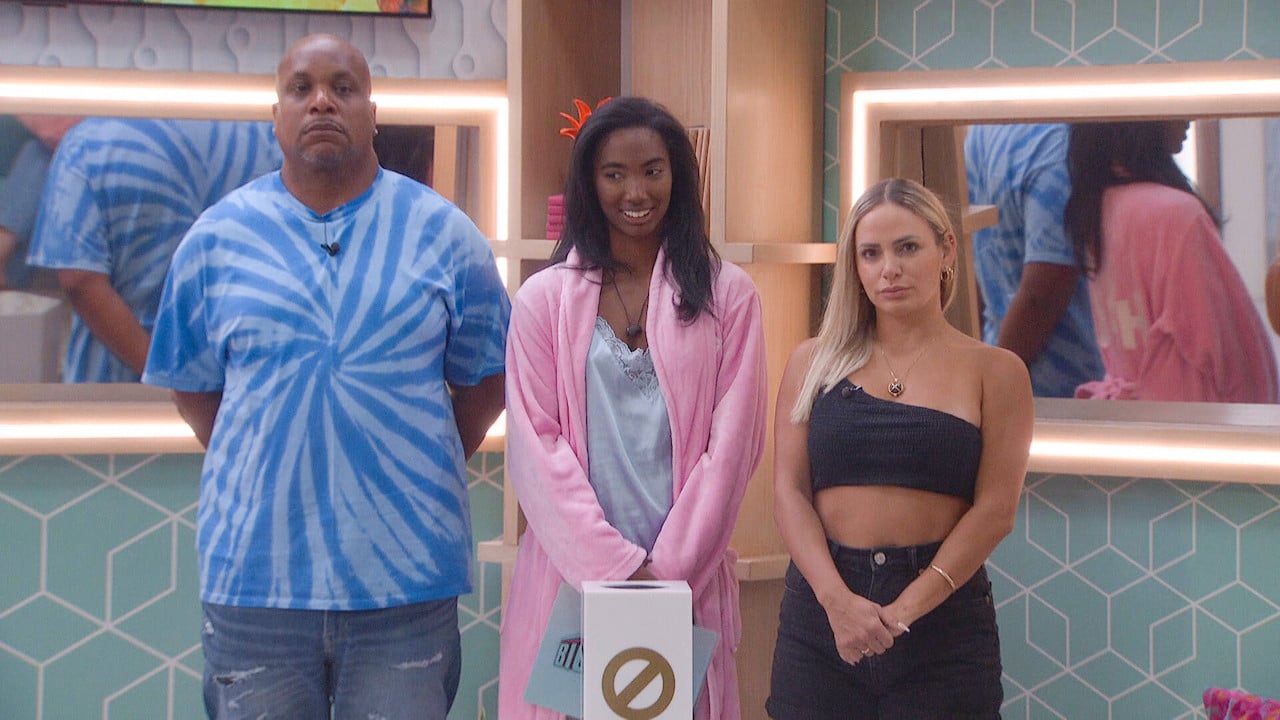 Terrance Higgins, Taylor Hale and Indy Santos stand next to each other to pick players for the veto on 'Big Brother 24'.